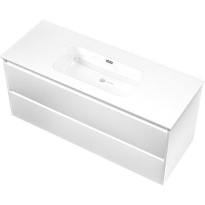 Sanibell Proline møbelsæt i mathvid med to integrerede softclose skuffer, 121x46 cm, med en vask ovenpå.