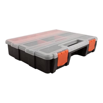 Lukket DeLock sorteringsboks i orange og sort, med gennemsigtigt låg og synlige orange spænder, 290x220x60 mm.