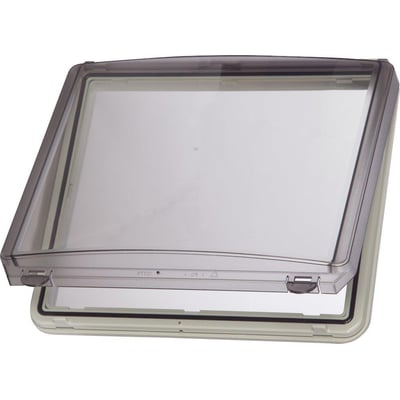 Fibox EK-SOLID L24II hængsellåg i transparent polycarbonat med dimensionerne 218 x 248 mm, vist med låget åbent.