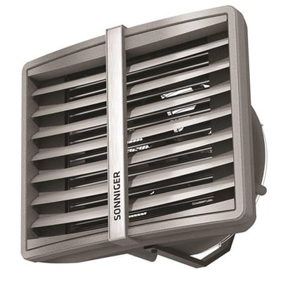 Heater Condens CR4 MAX varmeblæser i grå med tre varmerækker og et rustfrit stålbånd med mærket SONNIGER.