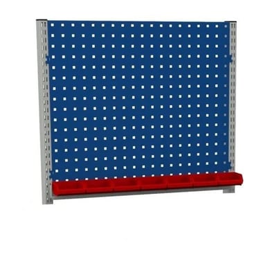 Værkstedstavle i blå med hvide huller og en rød beholder i bunden, passer til værkstedsvogn model 2 og 3.