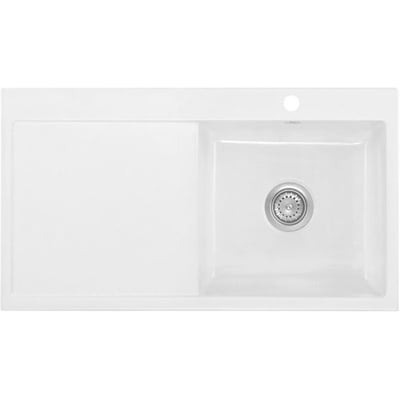 Oversigtsbillede af den hvide Lavabo Mera 100SL keramikvask, der viser dens nedfældningsdesign med separat bakke og kumme med krom strainer.