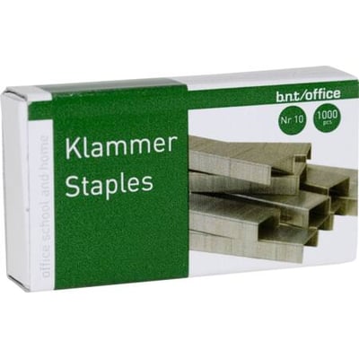 Boks med 1000 stk. b.nt/office hæfteklammer i stål, type 10, med 4mm benlængde, egnet til cirka 10 ark papir.