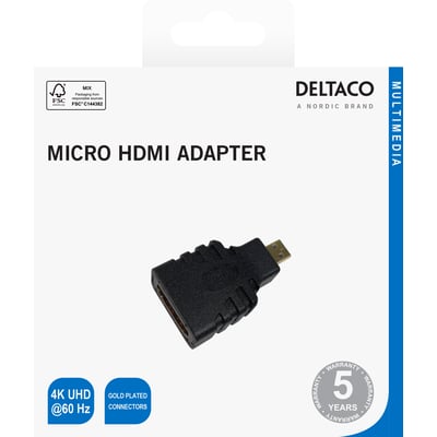 Deltaco HDMI-adapter vist på emballagen, med sort hus, mikro-HDMI-stik og HDMI-hunport.