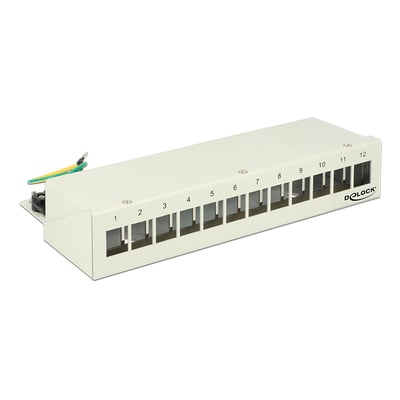 Gråt DeLOCK-patchpanel i metal med 12 nummererede åbninger til Keystone-moduler, set skråt forfra.