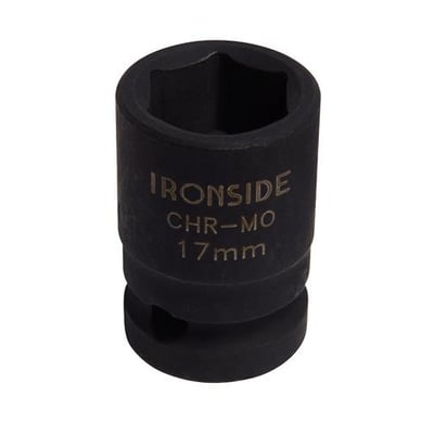 Sort Ironside-krafttop med 1/2-tommes firkant og 17 mm sekskant, vist skråt ovenfra med åbningen synlig.