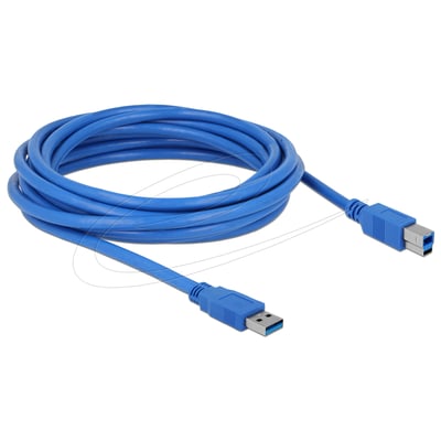 Blåt DeLock USB-kabel på 5 meter med Type-A- og Type-B-hanstik, rullet sammen og vist i sin fulde længde.