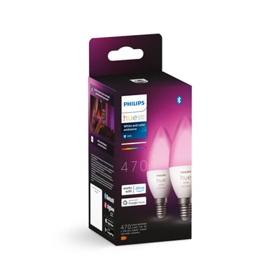 Philips Hue E14 Color & White Ambiance pære-pakke med to kerteformede pærer i pink og lilla, præsenteret i en lilla og hvid papkasse.