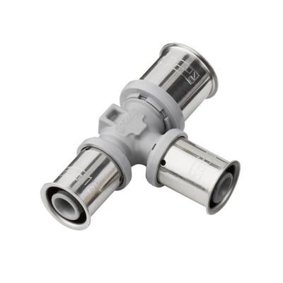 Roth PressCheck T-stykke i grå PPSU med tre muffesamlinger, 20 x 16 x 16 mm dimensioner for Alu-LaserPlus rør.