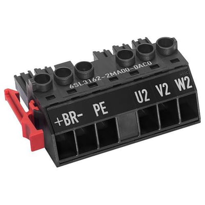 Siemens Sinamics S120 power stik C-/D-type med skrueterminaler, mærket med +BR-, PE, U2, V2 og W2 for motor moduler 3-30 A.