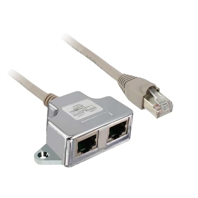 Schneider Electric T-box Modbus med 1 meter ledning og to RJ45-porte, monteret på en flade med en skrue.