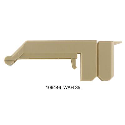 Weidmüller svingbar dækkappe WAH35 i beige plastik, set fra siden med lang arm og låsedel.
