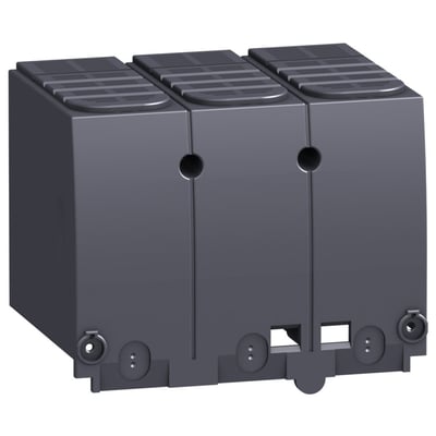 Schneider Electric lang 3-polet klemmeafdækning til NSX100-250, vist i en 3/4 vinkel på hvid baggrund.