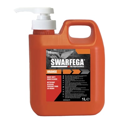 Swarfega Orange SC Johnson håndrens i 1 liters flaske med pumpe, med orange farve og tydelig produktetiket.