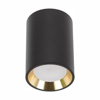 SpectrumLED CHLOE mini P20 rund loftslampe med sort cylinder, guldfarvet ring og sort kant.