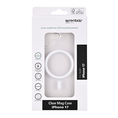 Transparent magnetcover til Apple iPhone 17 i emballage med den indbyggede magnetring synlig.