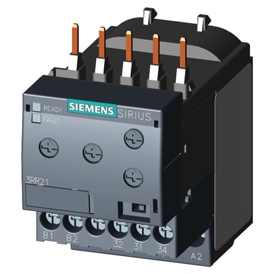 Siemens Sirius overvågningsrelæ 3RR21 til 24 V UC med analog strømjustering fra 1.6 til 16A på hvid baggrund.