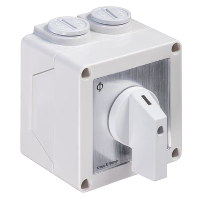 Kraus & Naimer Dahlanderomskifter, 25A, med 0-1-2 funktion, i IP65 plastkapsling med hvidt håndtag og metalplade.