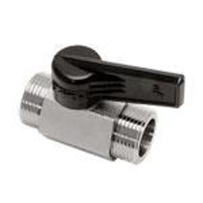 Parker Legris kugleventil i forniklet messing med L-port og 1/4" BSP hun gevind, sort håndtag.