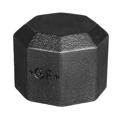 Nærbillede af Georg Fischer 3" slutmuffe i sort stål, viser den matte overflade og ottekantede design med GF+ logo.