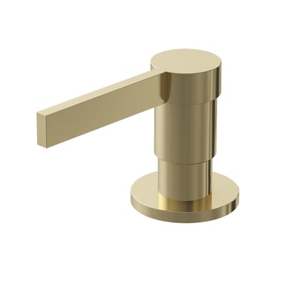 Lavabo Alkymist sæbedispenser i PVD-behandlet rustfrit stål med messingfinish, set skråt forfra med lang pumpearm.