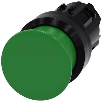 Siemens SIRIUS ACT paddetrykknap med stor grøn aktuator, 30mm diameter i plast med momentan kontakt på hvid baggrund.