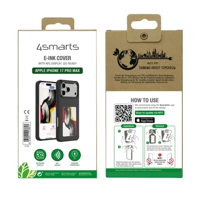 Emballagen til 4smarts E-Ink-coveret til iPhone 17 Pro Max viser coveret, NFC-displayet og vejledning til montering.