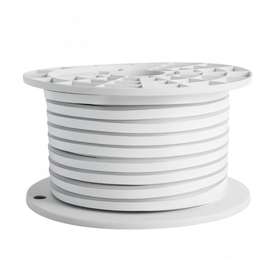 Stor hvid kabeltromle med LEDlife Neon Flex LED strip viklet tæt omkring, klar til installation.