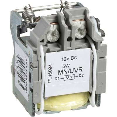 Schneider Electric spole MN/UVR mærket 12V DC 5W med hvide ledninger og metalmonteringsbeslag. Nærbillede på hvid baggrund.