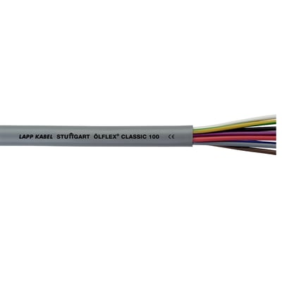 Lapp Olflex Classic 100 installationskabel med grå kappe og synlige, farvekodede ledere samt CE-mærkning.