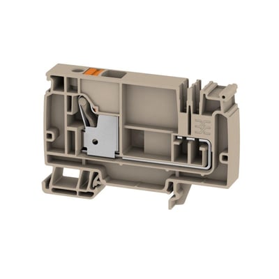 Detaljeret vinkel af Weidmüller AAP21 10 LO OR push-in forsyningsklemme, der viser dens interne konstruktion med metalforbindelser og orange trykknap.