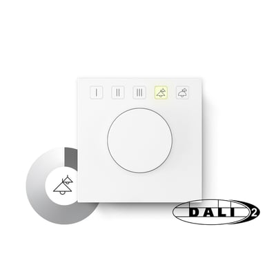 Jumitech DALI-2 potentiometer i hvid med drejeknap, fem betjeningsknapper med symboler og DALI-2 logo.