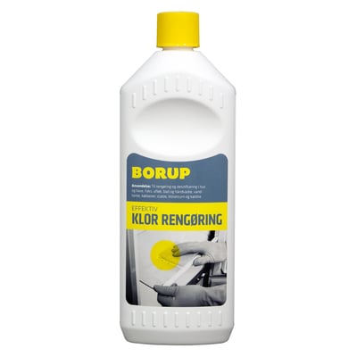 Borup Klor Rengøring 1 liter flaske med gult låg, viser et nærbillede af etiketten med anvendelsesområder som hus, have og afløb.