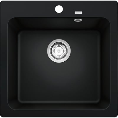 Top view af BLANCO NAYA 5 UX køkkenvask i sort Silgranit med centreret afløb og hanehul til venstre.