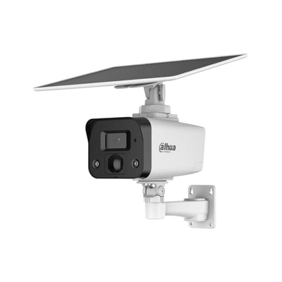 Dahua 4 MP 4G overvågningskamera med solpanel, hvidt kamerahus, sort front og justerbart vægbeslag.