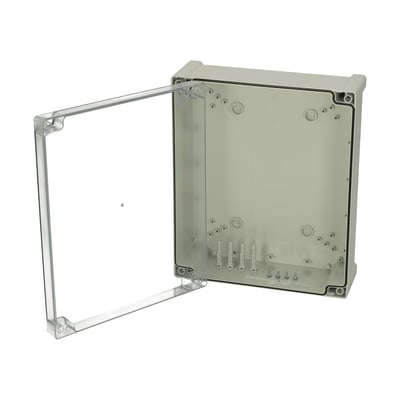 Fibox TEMPO TPC342912-kasse med transparent dæksel åbnet, så den lysegrå inderside og pakningen ses.