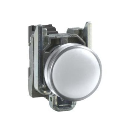 Schneider Electric Harmony XB4/ZB4 robust signallampe i hvid metal med LED lysmodul og monteringsbeslag.