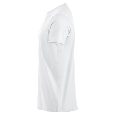 Premium T-shirt i hvid, størrelse L, vist fra siden med fokus på pasformen og materialet.