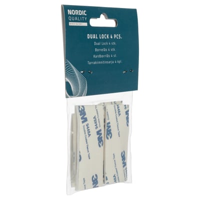 Nordic Quality Dual Lock 4 stk. pakke med hvid baggrund og synlig emballage med tape-strimler.