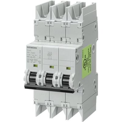 Siemens SENTRON 5SJ4 3-polet automatsikring på 3 A med C-karakteristik, vist set skråt forfra.