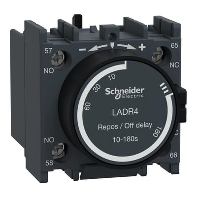 Nærbillede af Schneider Electric LADR4 tidsblok, der viser drejeknap til indstilling af forsinkelse mellem 10 og 180 sekunder.