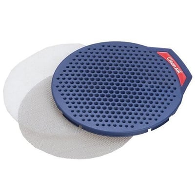 Gnistfang med forfilter og holder til AerGO systemet i blå plast med hvidt forfilter på hvid baggrund.