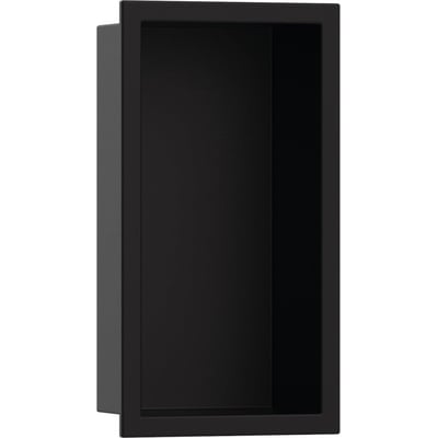 Hansgrohe vægniche i matsort finish med integreret ramme, mål 300/150/100mm, vist på hvid baggrund.
