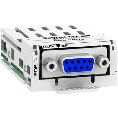 Schneider Electric Profibus DP V1 kommunikationskort til ATV32/LXM32 servodrev, vist med D-sub port og indikatorlamper.