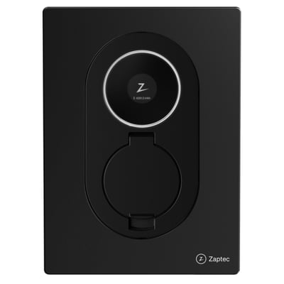 Zaptec Go 2 ladeboks i asfaltsort med rund indikator og dæksel til type 2-tilslutningen.