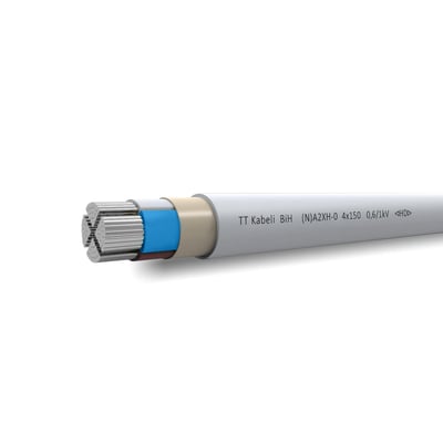 Halogenfrit installationskabel (N)A2XH med 4x300mm² aluminiumsledere og 0,6/1kV mærkning, viser denektorformede aluminium og isolationslag.