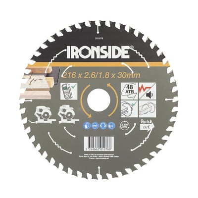 Ironside rundsavklinge til træ med søm, vist forfra med 48 tænder, diameter på 216 mm og hul på 30 mm.