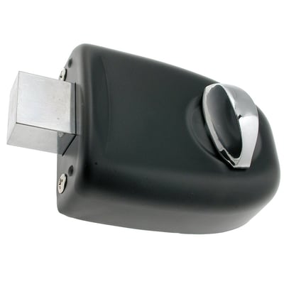 Assa Abloy indvendig lås 5222 V uden cylinder med sort låsekasse, sølvfarvet rigel og drejeknap.
