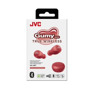 JVC Gumy Mini True Wireless Earphones i rød, vist i original emballage med produktinformation og ikoner for Bluetooth og batterilevetid.