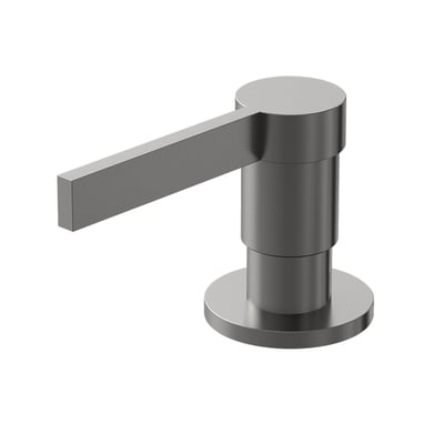 Lavabo Alkymist sæbedispenser i gunmetal med cylindrisk pumpe og langt, firkantet trykhåndtag, set skråt forfra.